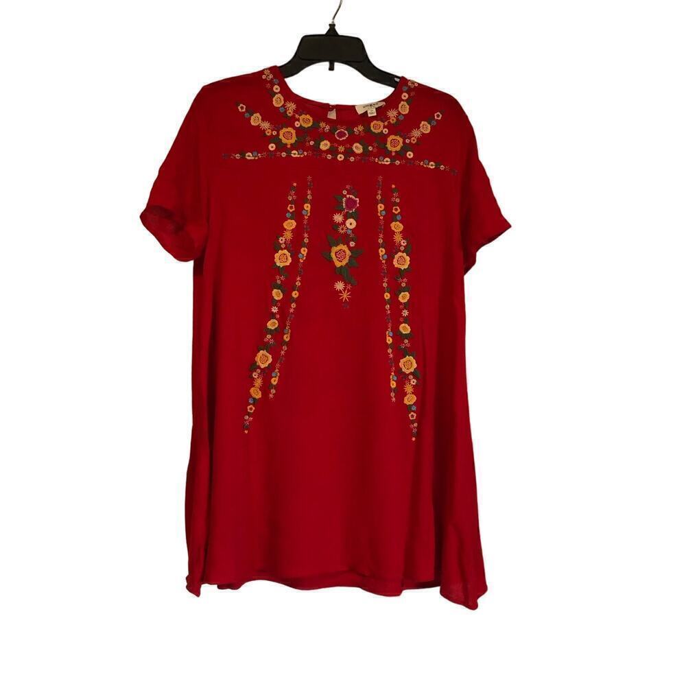 Umgee Womens Mini Dress Sz M Red Embroidery Floral Flowy Peasant Cottagecore